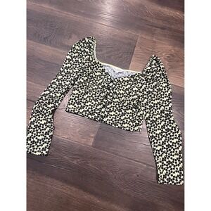 Miss Selfridge floral print cropped peasant blouse puff sleeve lime green size 8